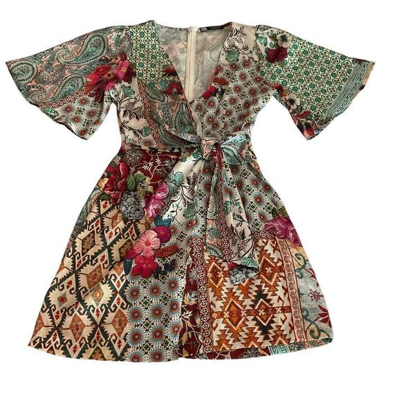 Zara Wrap Dress Patchwork Paisley Floral Aztec Tan Green Blue Zipper Back Small - Picture 3 of 11